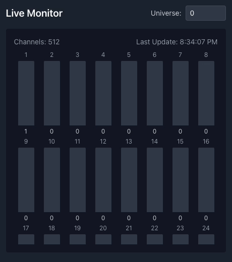 Real-time Art-Net monitor displaying up to 512 DMX channels with live updates. Visualize incoming Art-Net data instantly in a clear channel viewer for accurate lighting and MIDI control.